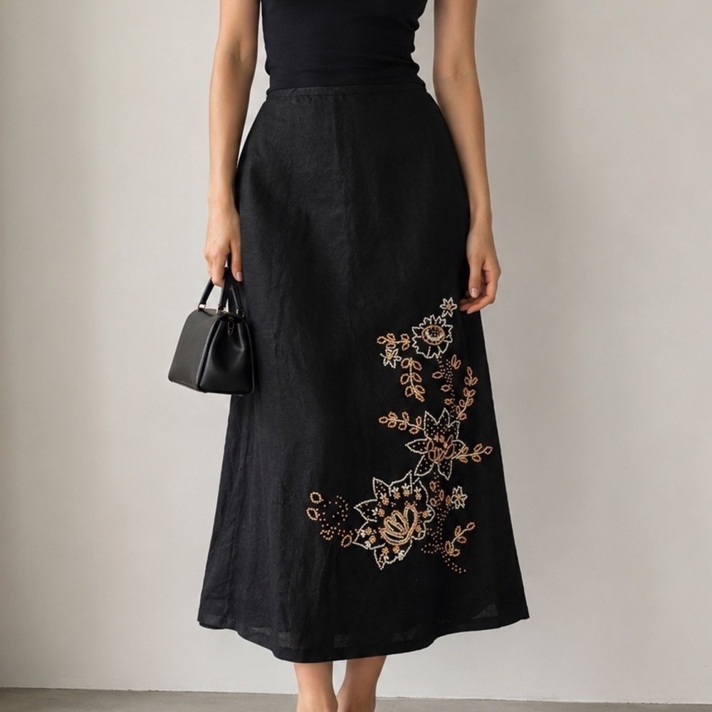 Vintage Black Linen Blend Beaded Floral Midi Skirt High Waist Size
12 m3